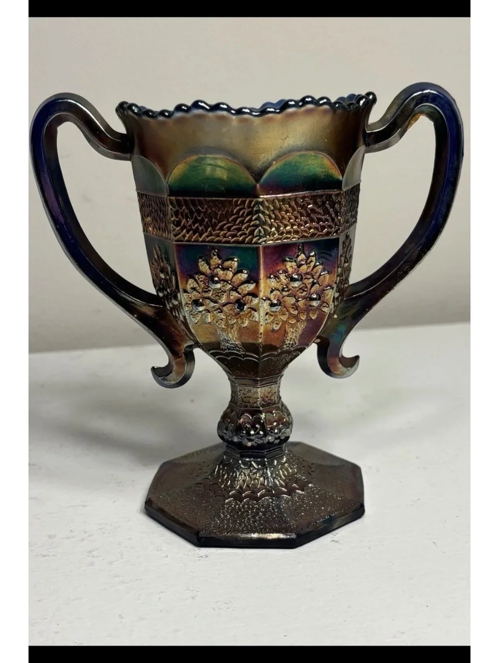 Fenton Blue Carnival Glass Orange Tree Loving Cup